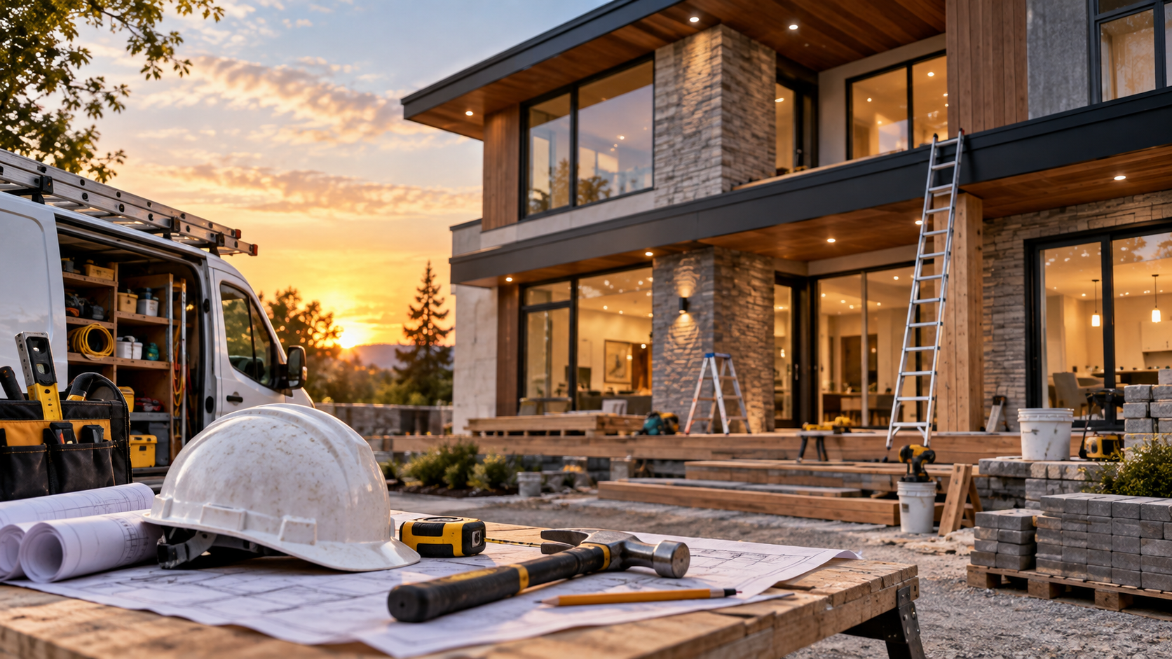 Renovated home exterior at dusk
